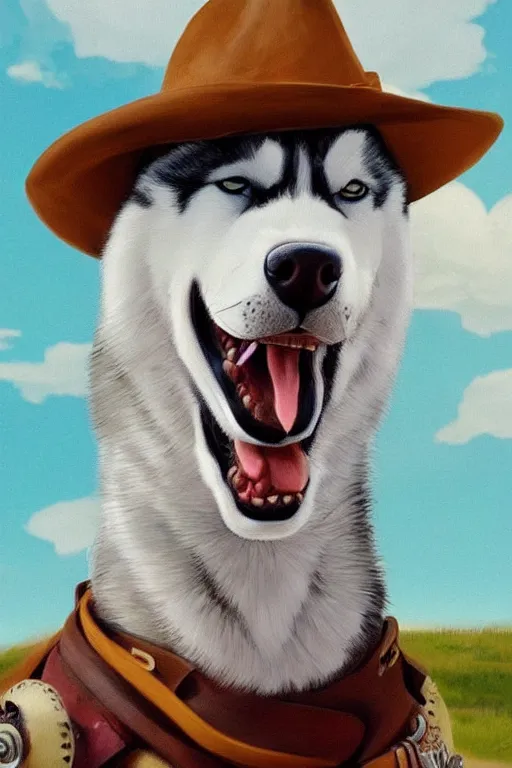 Prompt: a portrait painting of a husky in cowboy costume, wearing a cowboy hat, by [ studio ghibli ], [ western film ], [ red dead ], trending on artstation