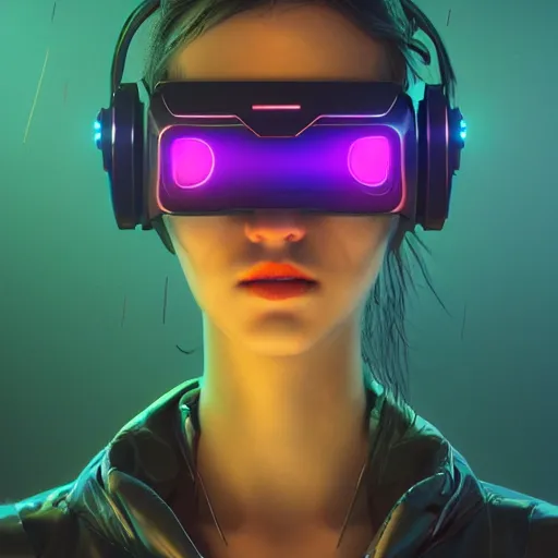 Image similar to cyberpunk concept cool girl cyborg bot, cinema 4 d, galaxy, ufo, space sci - fi, wearing vr goggles, illustration, portrait, pastel neon textured background night, trending on artstation, greg rutkowski, octane rendered, 1 2 k, detailed,