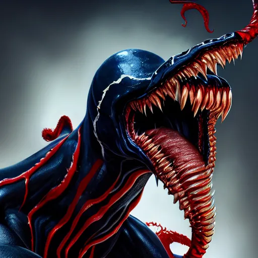 Image similar to venom, perfect eyes, full body shot, portrait, vivid colors, elegant, concept art, sharp focus, digital art, Hyper-realistic, 4K, Unreal Engine, Highly Detailed, HD, Dramatic Lighting by Brom, trending on Artstation