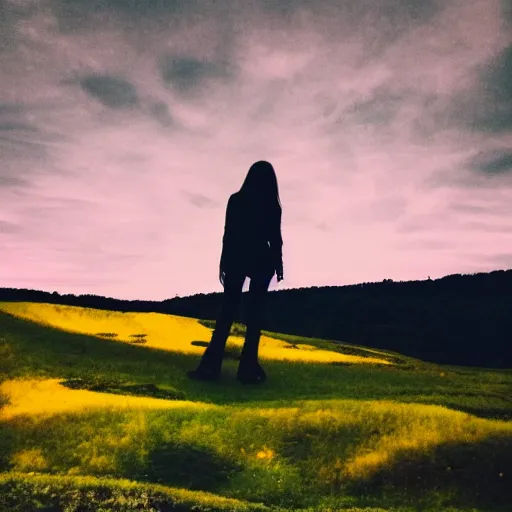 Prompt: woman in silhouette standing atop a hillside, yellow sky, green hills, trees, hinterland, artistic, intense, spooky