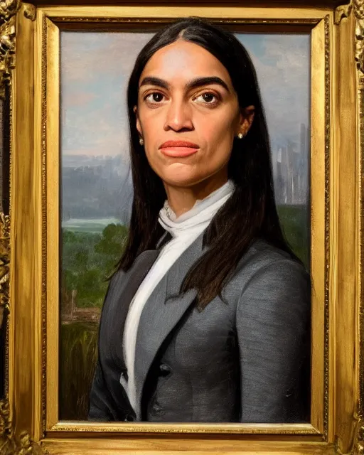 Image similar to close - up portrait of the united states president, alexandria ocasio - cortez, standing at the resolute desk, 1 8 4 8, attractive, oil on canvas by william sidney mount, trending on artstation, national archives