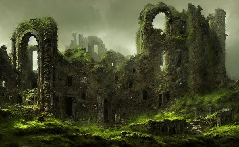 Image similar to ruins of an old castle covered by plant and moss with moody and cinematic lighting by greg ruthkowski and craig mullins and caspar david friedrich, concept art, artstation, trending on artstation