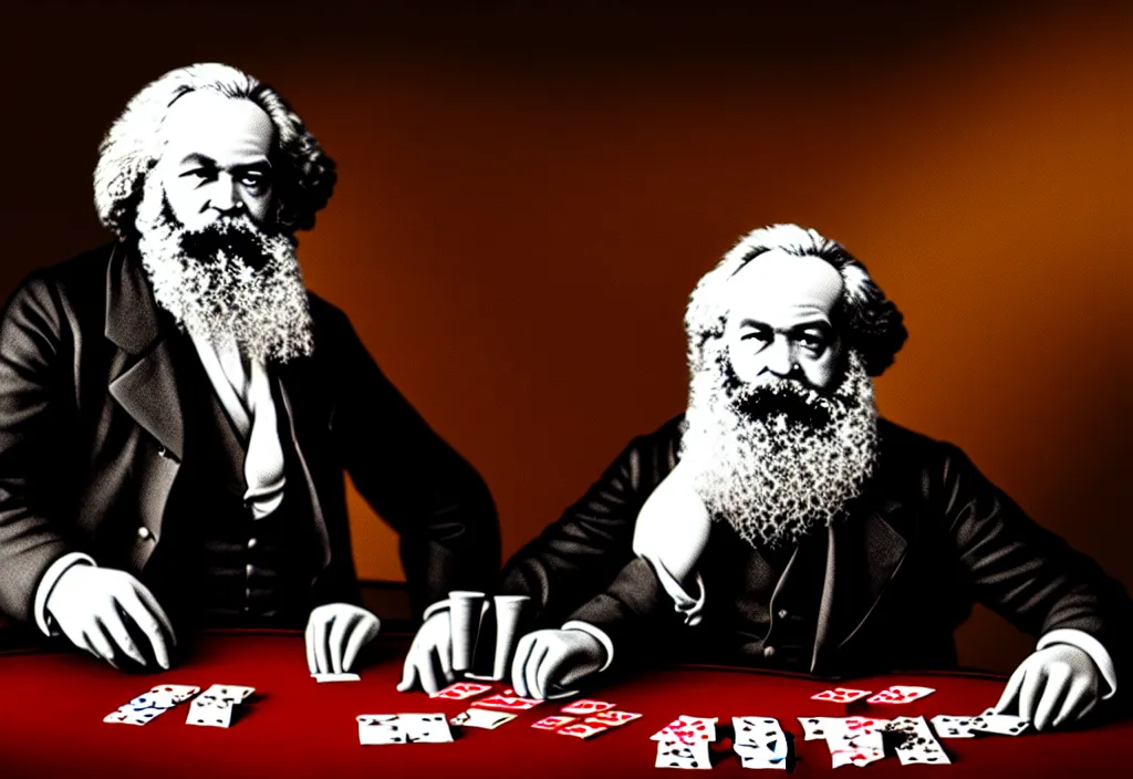 Image similar to Karl Marx playing poker against Lenine in Las Vegas, ultra HD, studio light, photorealism