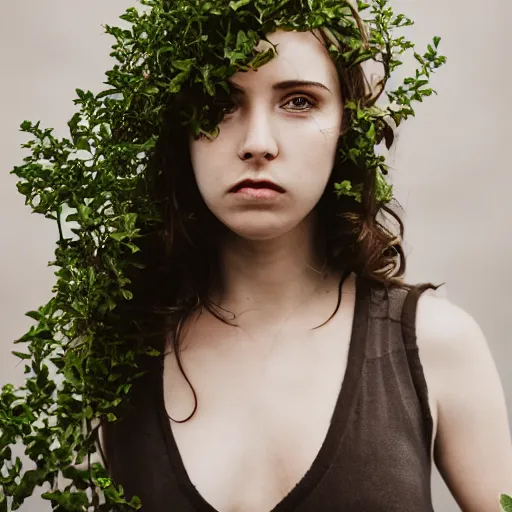 Image similar to a beautiful girl made out of plants, full body shot, 8 k, shallow depth of field, moody lighting, cinematic lighting,