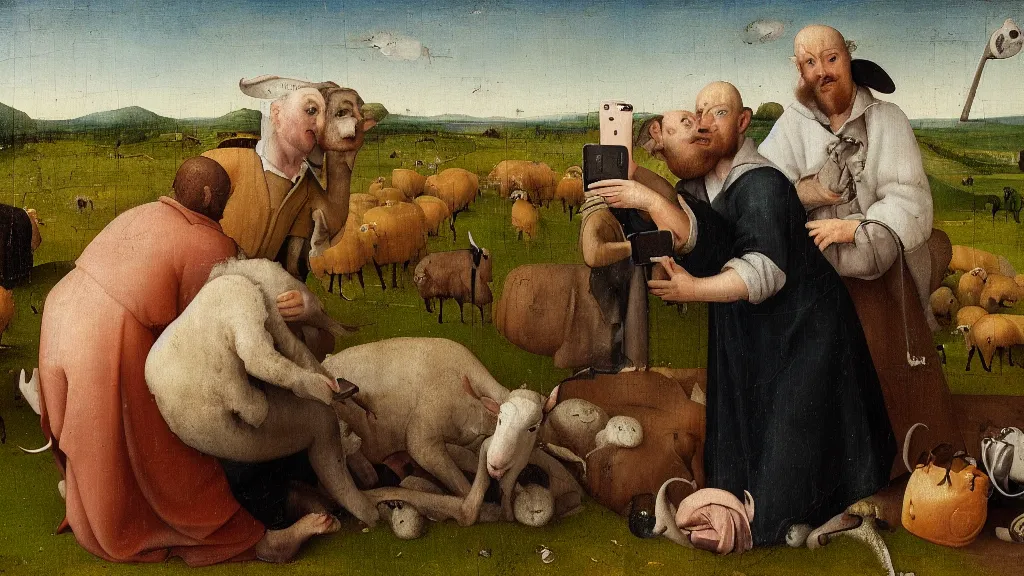 Image similar to A butcher and sheep taking a selfie smiling, in the fashion of Hieronymus Bosch, oil on canvas, painting, 4k, wide shot