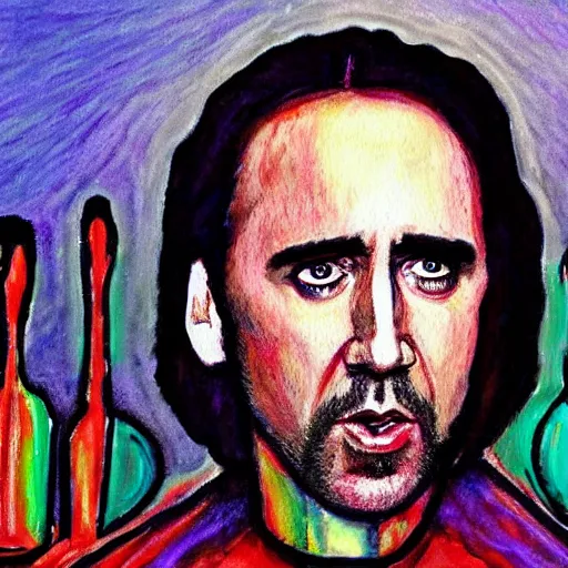 Image similar to nic cage in the last supper as painted by ray kurzweil