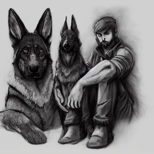 Image similar to two humanoid german shepherds beast - men, sitting on a couch and hugging together, artstation, concept art, smooth, sharp foccus ilustration, artstation