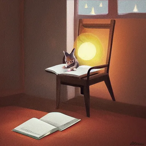 Image similar to “ cat reading a book, cozy chair in a warmly lit room, illustration, 8 k ”