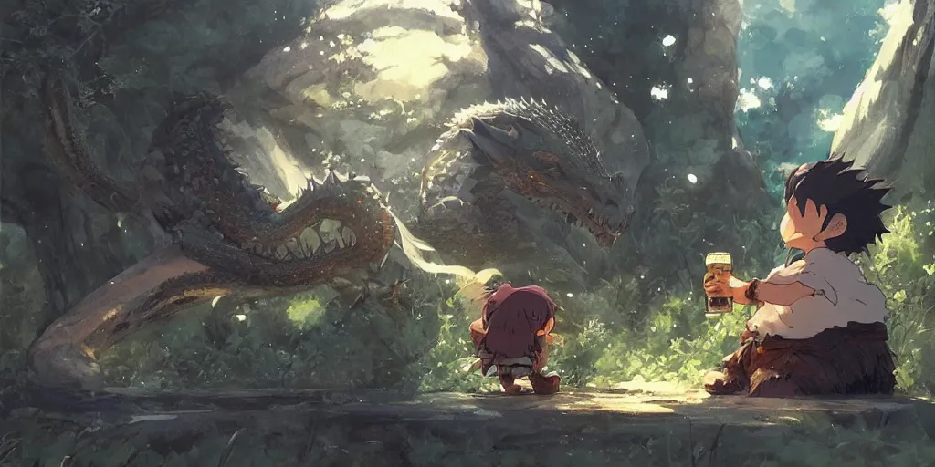 Image similar to a dwarf and his small pet dragon drinking a beer together | sharp contrast | by greg rutkowski makoto shinkai takashi takeuchi studio ghibli