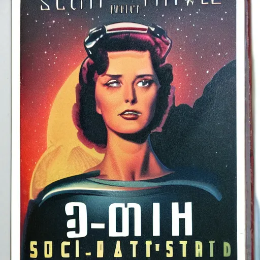 Image similar to vintage sci-fi book cover, high detail, portrait of a beautiful woman, film grain