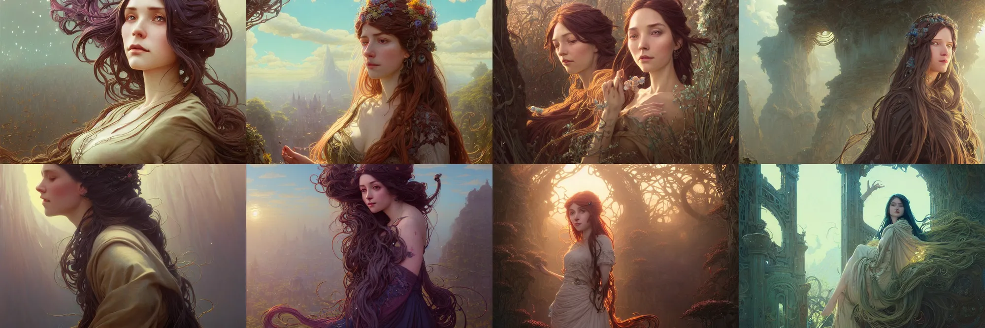 Image similar to highly detailed portrait of a woman with long hairs, stephen bliss, unreal engine, fantasy art by greg rutkowski, art nouveau, loish, rhads, ferdinand knab, makoto shinkai and lois van baarle, ilya kuvshinov, rossdraws, tom bagshaw, alphonse mucha, global illumination, radiant light, detailed and intricate environment