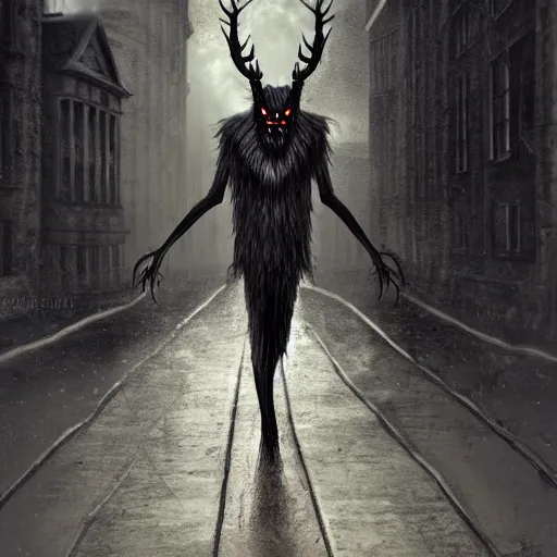 Prompt: ominous spooky wendigo walking through the center of old london city, oil painting, gloomy misty atmosphere, symmetrical, full body image, highly ornate intricate details, very sharp photo,