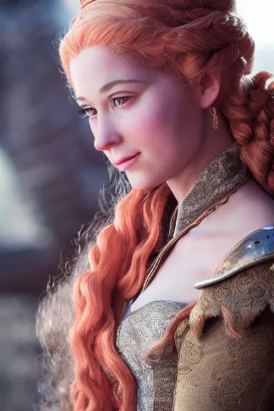 Image similar to very very intricate photorealistic photo of a realistic human version of princess peach in an episode of game of thrones, photo is in focus with detailed atmospheric lighting, award - winning details