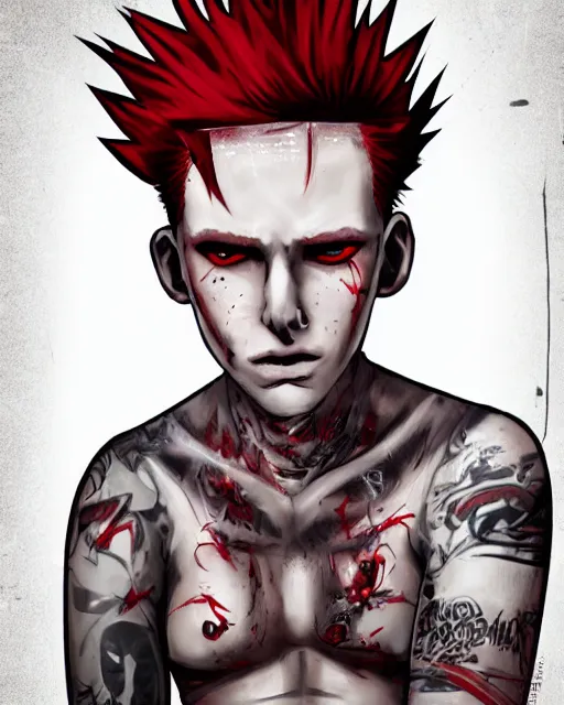 Prompt: young man with a short red dyed mohawk, red eyes and a slim face, gauged ears, dressed in crustpunk clothing, headshot, attractive, handsome, in color, no makeup, model, trending on artstation, high quality art, character design