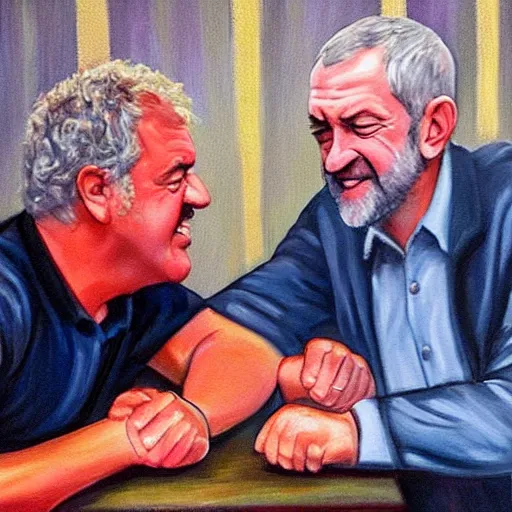 Image similar to oil painting of jeremy clarkson and jeremy corbyn arm wrestling in a dingy pub