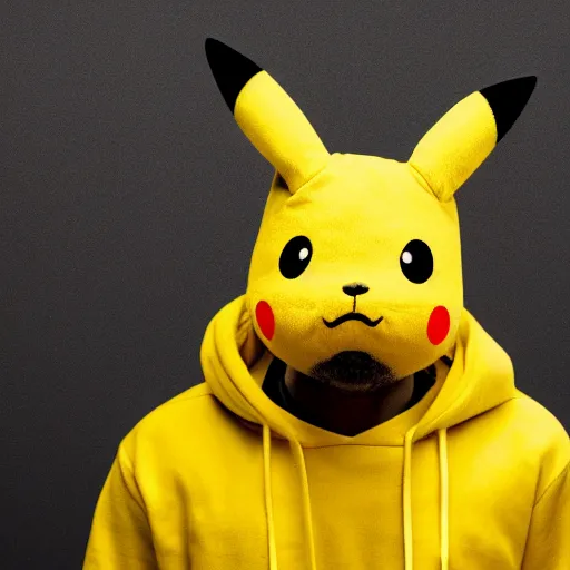 Image similar to Kanye West in a yellow pikachu! hoody, Studio Photograph, portrait C 12.0