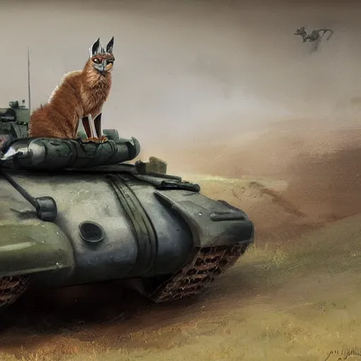 Prompt: cute caracal on a tank, portrait, jakub rozalski, dark colours, dieselpunk, artstation