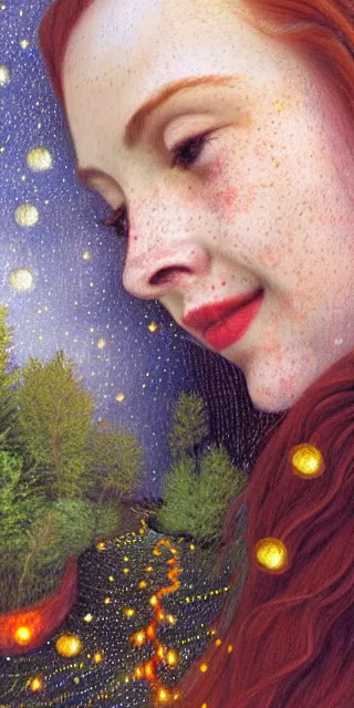 Image similar to infp young woman, smiling, amazed by golden fireflies lights, sitting in the midst of nature fully covered, long loose red hair, intricate linework, green eyes, small nose with freckles, oval shape face, realistic, expressive emotions, dramatic lights mystical scene, hyper realistic ultrafine art by artemisia gentileschi, albert bierstadt, artgerm