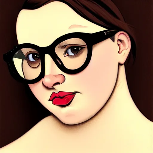 Prompt: portrait of a curvy stocky romanian woman, brown hair, messy bob, brown eyes, romanian, laugh lines, full upper lip and thin lower lip, round face, round chin, round nose, white glasses, glasses, white reading glasses, librarian, wide shot, digital art, alphonse mucha, loish, art nouveau, 8 k, trending on artstation