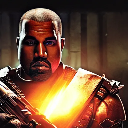 Image similar to Portrait of Kanye West as the emperor of humanity from warhammer 40k in Gears of War, splash art, movie still, cinematic lighting, dramatic, octane render, long lens, shallow depth of field, bokeh, anamorphic lens flare, 8k, hyper detailed, 35mm film grain