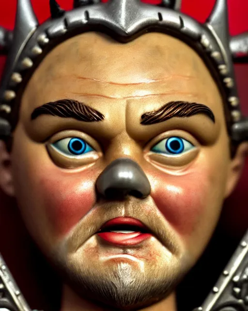 Image similar to highly detailed closeup, face profile portrait of a tin toy leonardo dicaprio as a medieval demon with horns eating cakes in a castle, hyper realistic, artstation, illustration, nicoletta ceccoli, mark ryden, lostfish, dan decarlo, bob clampett, max fleischer, digital paint, matte paint, vivid colors, detailed and intricate environment