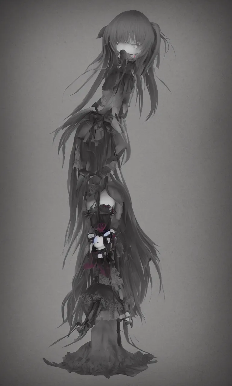 Image similar to cute fumo plush girl enigmatic gothic maiden standing in the center of the dark abyss, vignette, vray