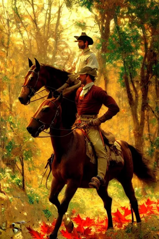 Image similar to attractive man riding a horse in the woods with falling red leaves, painting by gaston bussiere, craig mullins, j. c. leyendecker, ghibli style