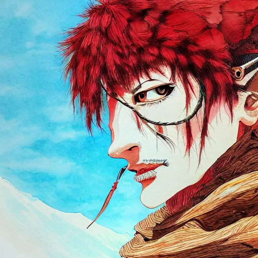 Image similar to painting of a lonesome warrior at the peak of himalayas, style of kentaro miura and conrad roset