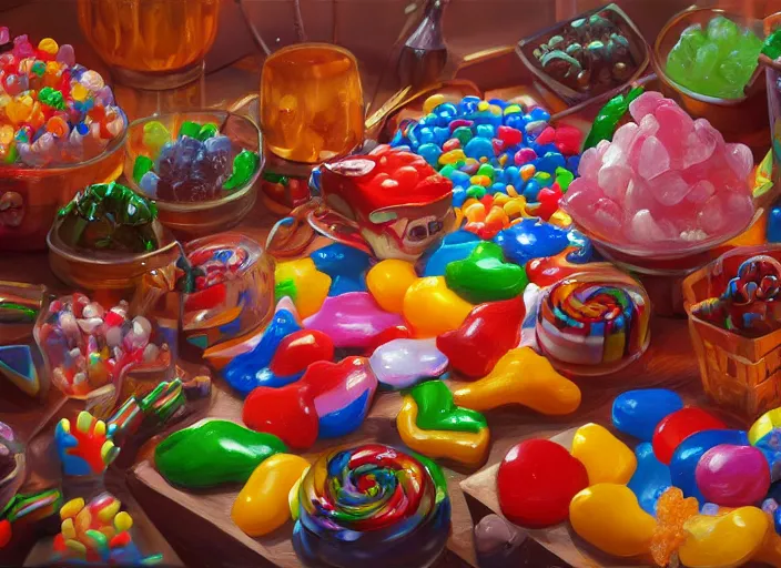 Image similar to candy zoo for a game candy themed, top angle, oil painting by jama jurabaev, extremely detailed, brush hard, artstation, for aaa game, high quality, brush stroke