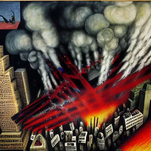 Image similar to 9 / 1 1 attack by otto dix, hyperrealistic, aesthetic, masterpiece