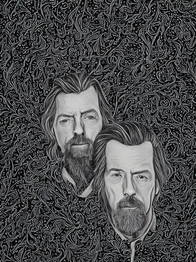 Prompt: portrait of alan watts with a fractal floral pattern background, neon pencil on black paper