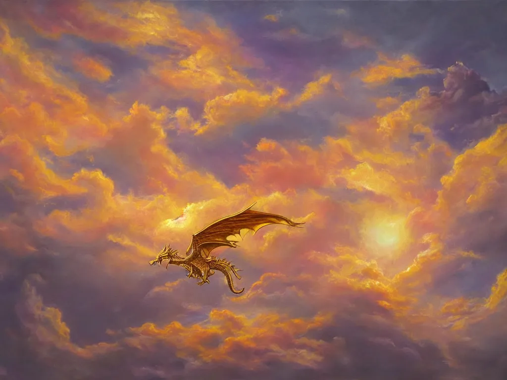 Image similar to A Gold Dragon flying in sunset clouds, realistic oil painting