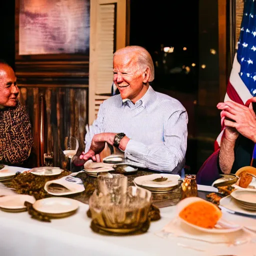 Image similar to Trump and Biden having dinner at a fancy Balinese restaurant, award winning photography, 85mm, perfect faces