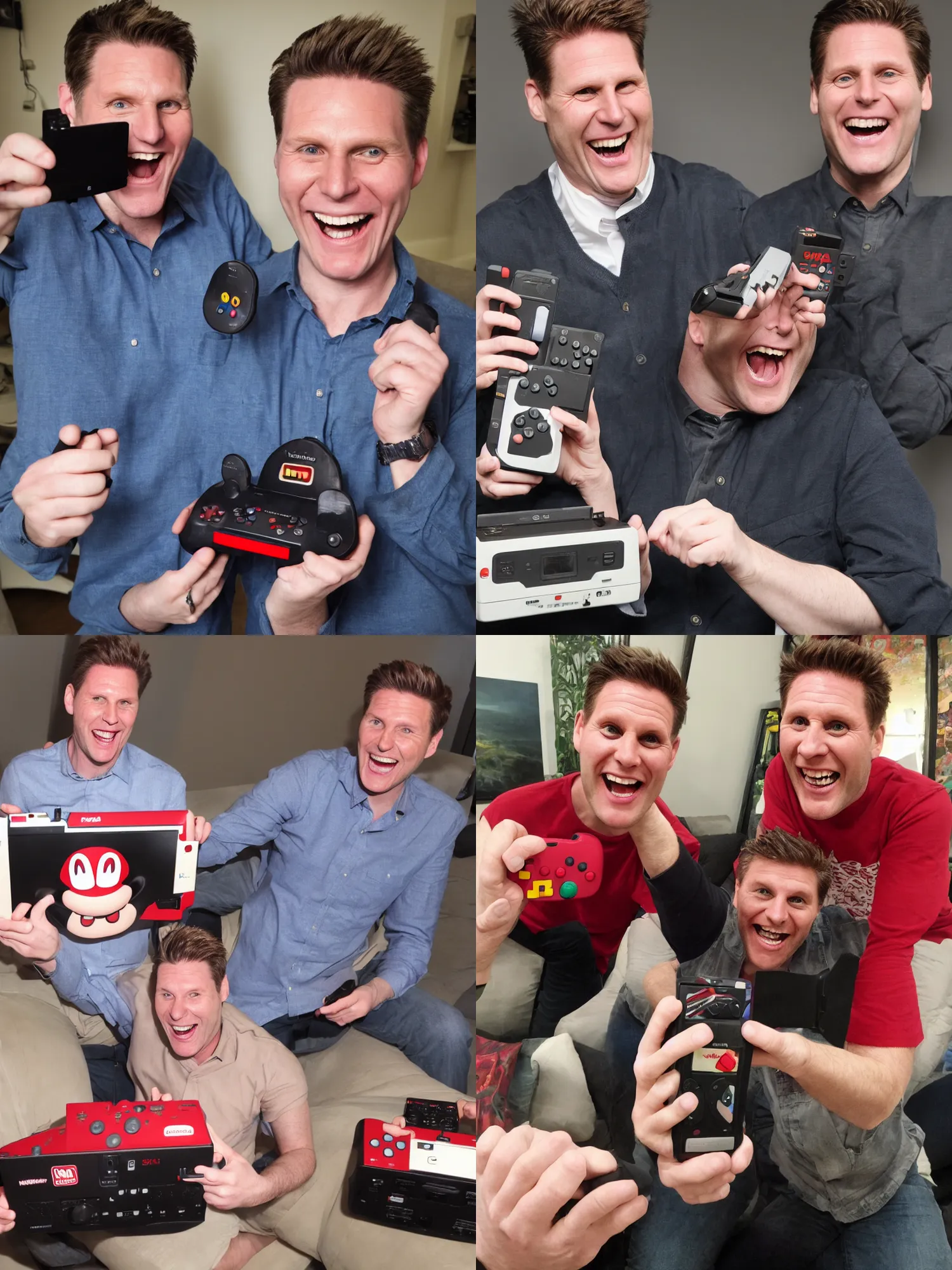 Prompt: Kier Starmer laughing maniacally as he holds a Nintendo 64, high resolution, detailed 4k photograph