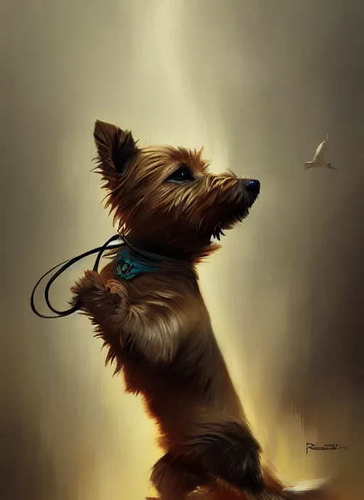 Prompt: norwich terrier as an kung fu master, backround dark, highly detailed, digital illustration, trending in artstation, modern painting, smooth, sharp focus, intricate, by peter mohrbacher