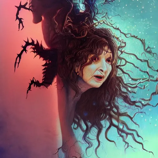 Prompt: kate bush battling vecna from stranger things, d & d, exquisite airbrush painting from the eighties, intricate detail, artstation,