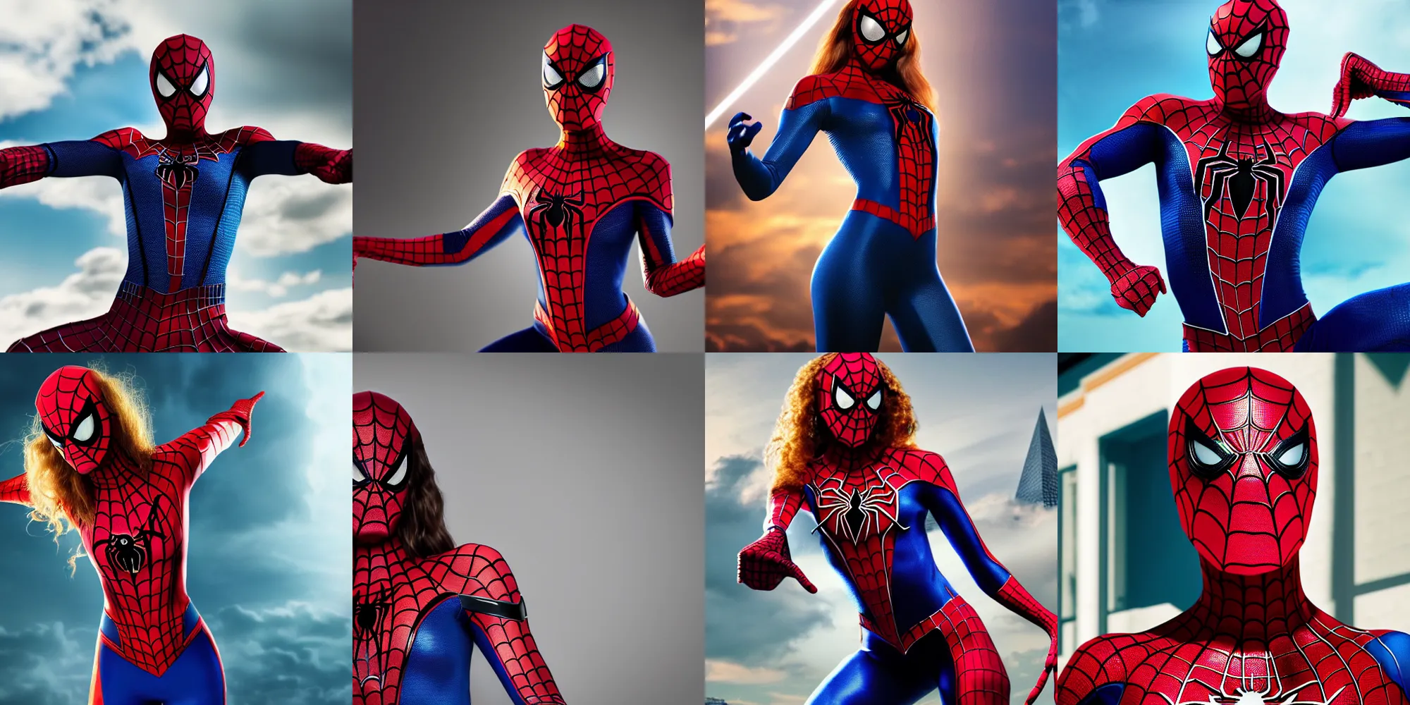 Prompt: a very beautiful highly aesthetic wallpaper photo of ALEXANDRIA MORGAN posing in a SPIDERMAN COSTUME in a very joyful happy mood, artsy, trending on Artstation, 4k, masterpiece