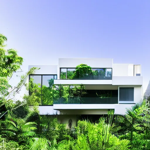 Image similar to modern house, surrounded by a lush jungle, hyper realistic, photo real,