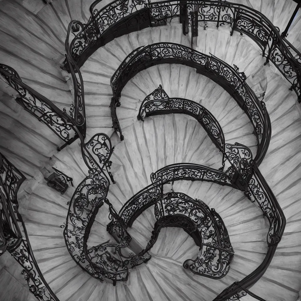 Prompt: a art - nouveau spiral staircase. dark stairs. tall building, seen from the top. realistic shadows. detailed, octane render, simplistic, hyperrealistic, very coherent, hyper realism, high detail, octane render, 8 k