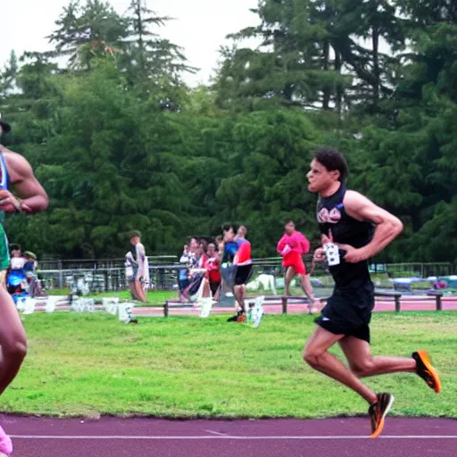 Prompt: photograph of an male runner athlete being chased by Zombies in the background. Track and field event. DSLR Photography