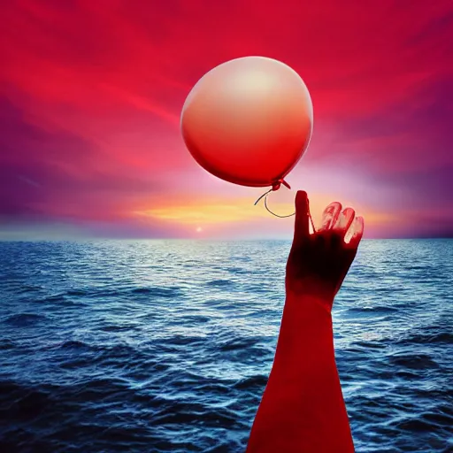 Image similar to album art of a hand holding a balloon coming out the water with a red sky by chris bilheimer, moody, digital art