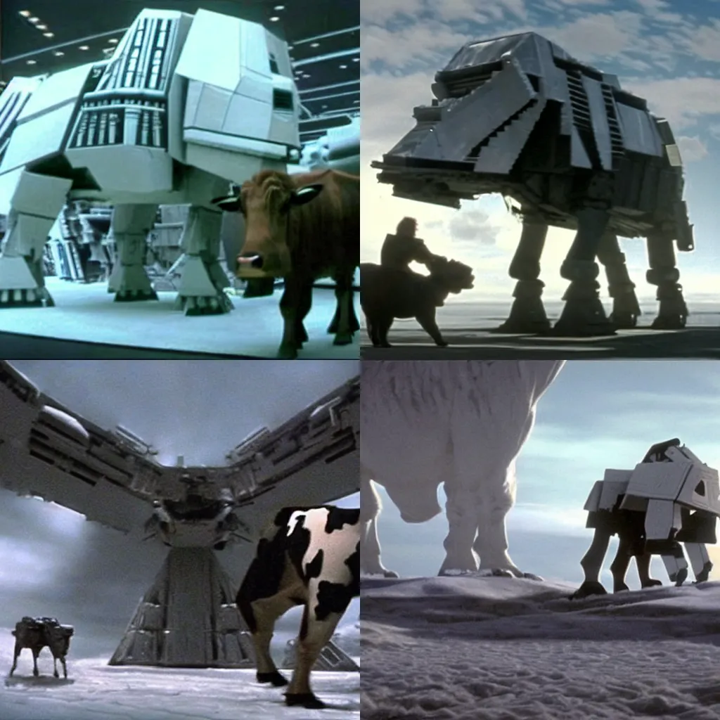 Prompt: a giant cow playing an AT-AT in the movie The Empire Strikes Back
