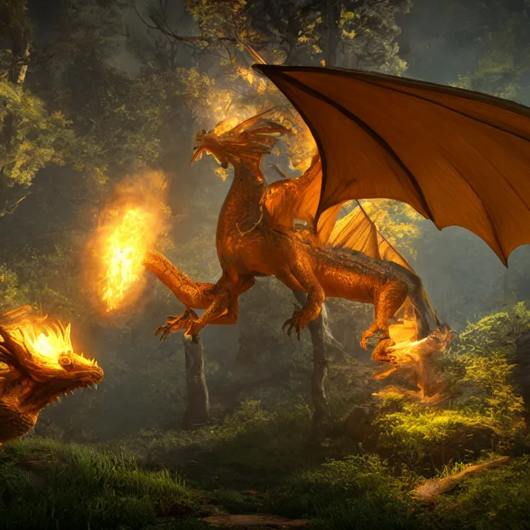 Image similar to A dragon, breathing fire, in a fantasy forest. Fantasy Demo in Unreal Engine. Beautiful glow off the fire. Terrifying dragon with bright eyes.