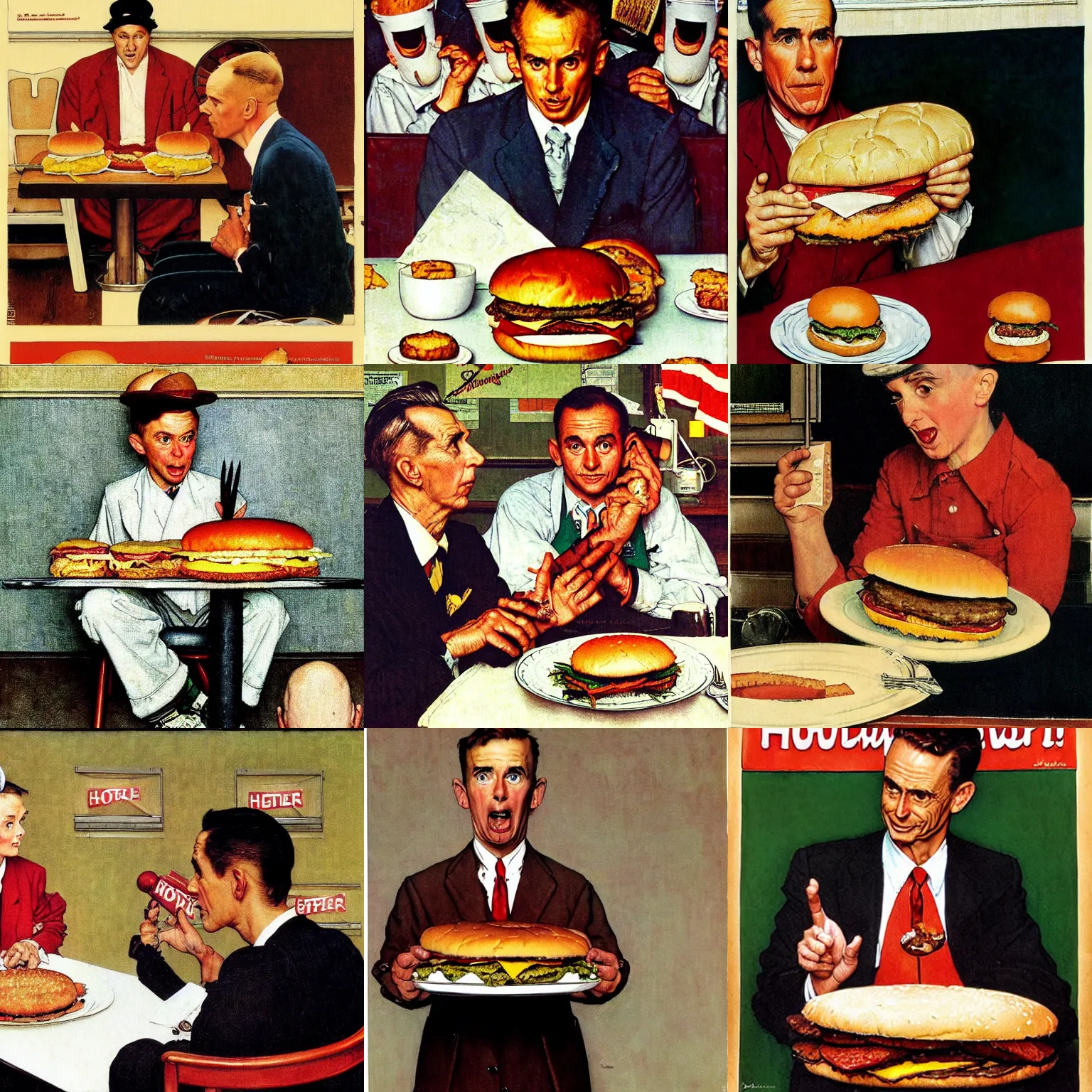 Prompt: norman rockwell portrait of a hamburger interviewing for a job