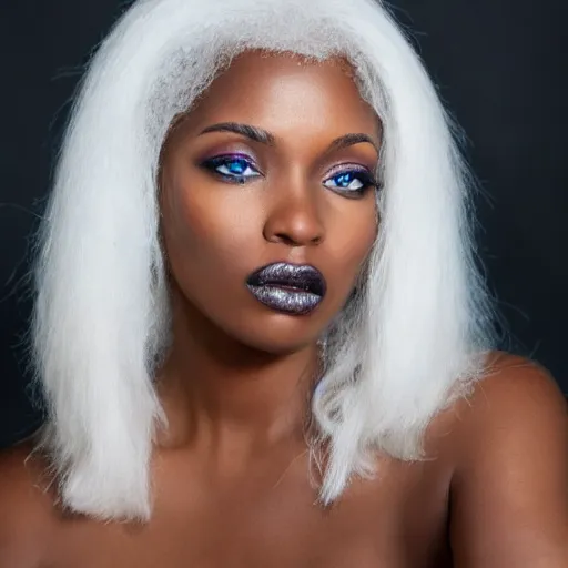 Prompt: photo of a stunning black woman with pure white hair and blue eyes