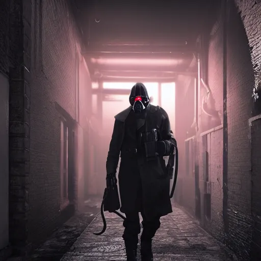 Prompt: hooden villain wearing a gas mask with red goggles, mask rider, smoke coming out of his body and coat, dark background, in a dark alley, unreal engine 5, ultra realistic, detailed, fog, volumetric lighting, by greg rutkowski,