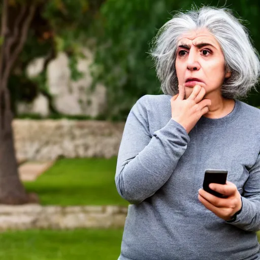 Image similar to astonished and angry middle aged lady looking at smartphone, unsure expression, uncombed hair, greek ethnicity, persian face structure, straight grey hair, angry eyes, photo, realistic, outdoor lighting, 4 k, 8 k, hd, 3 9 mm lens