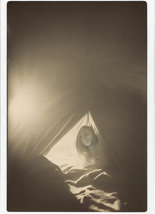 Image similar to a woman peeking out from under a blanket fort in the afternoon, flash polaroid photo by george hurrell, hazy light rays, golden hour