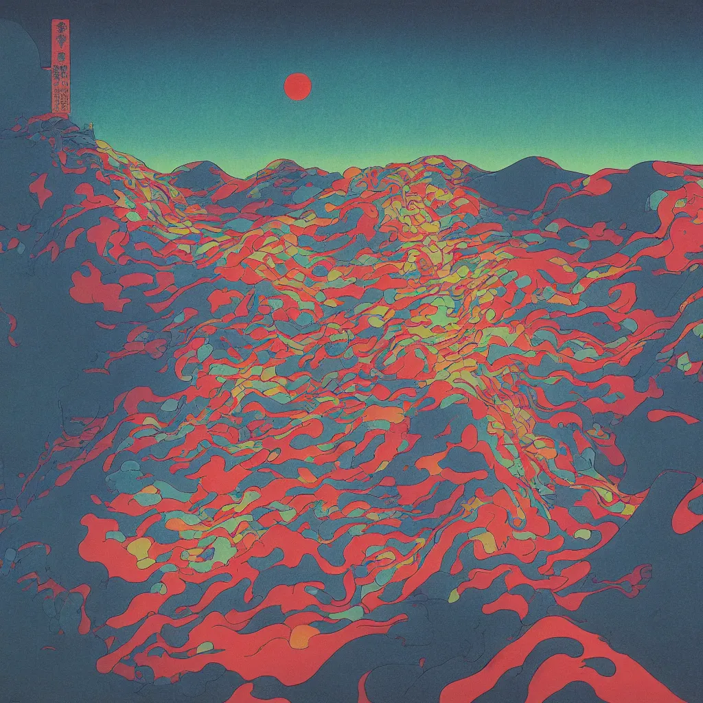 Image similar to a paper blotter tab of LSD acid melting into a surreal psychedelic hallucination, screenprint by kawase hasui, moebius, Edward Hopper and James Gilleard, Zdzislaw Beksinski, Steven Outram colorful flat surreal design, hd, 8k, artstation