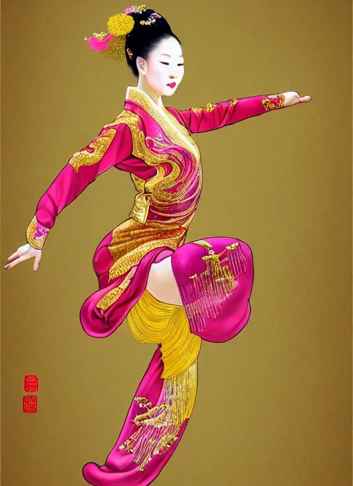 Prompt: full portrait of a chinese dancer doing a silk ribbon dance, feet, barefoot, lean, vivacious, extremely beautiful, elaborate gold jewelry, hanfu, traditional chinese clothes, silk ribbons, colorful ribbons, ming dynasty, detailed, realistic face, anatomically accurate, modern fantasy art.